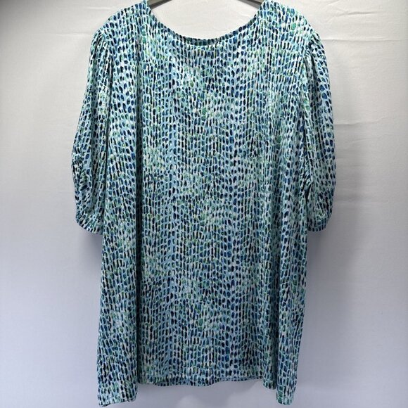 Susan Graver Womens Top Plus 3X Blue Green Puff Ruched Short Sleeves Liquid Knit - Picture 2 of 8